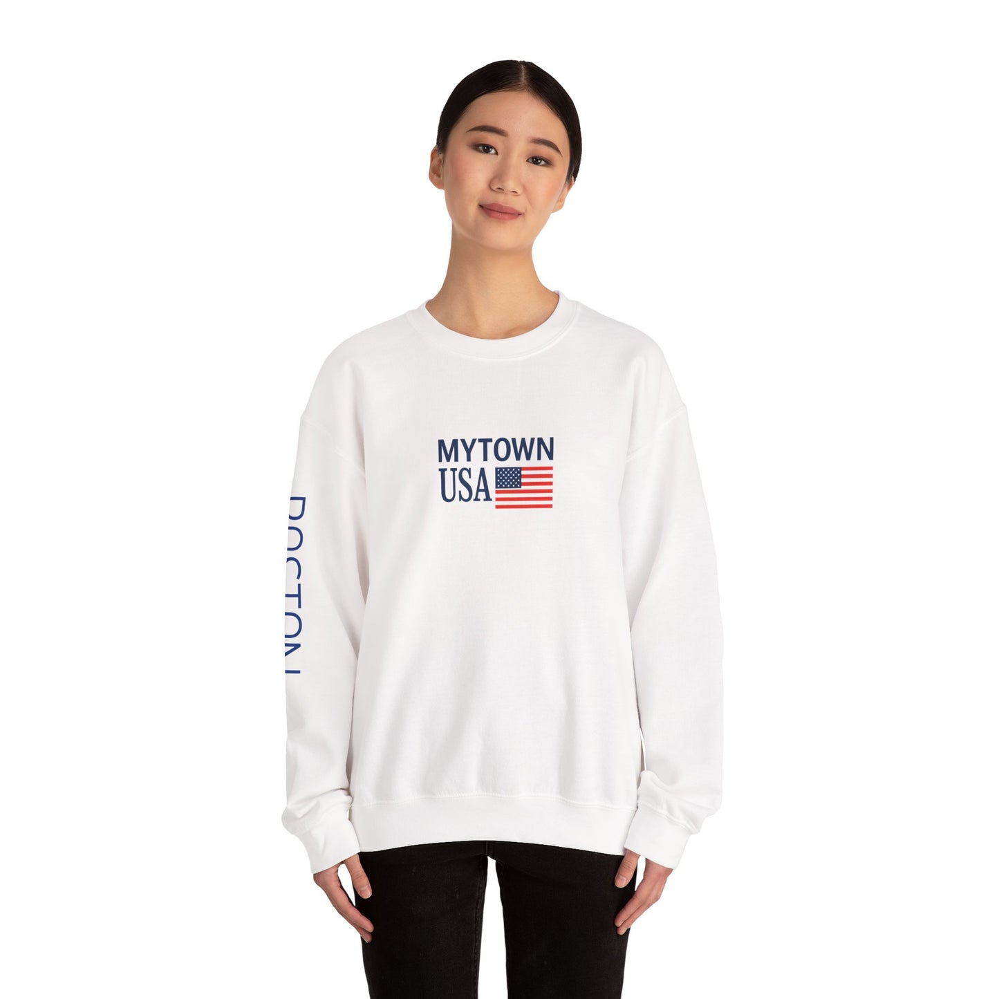 MyTown USA Crewneck Sweatshirt — Patriotic Small Flag Design