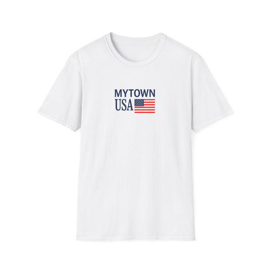 MyTown USA Flag T‑Shirt — Custom City Name (e.g., Boston)