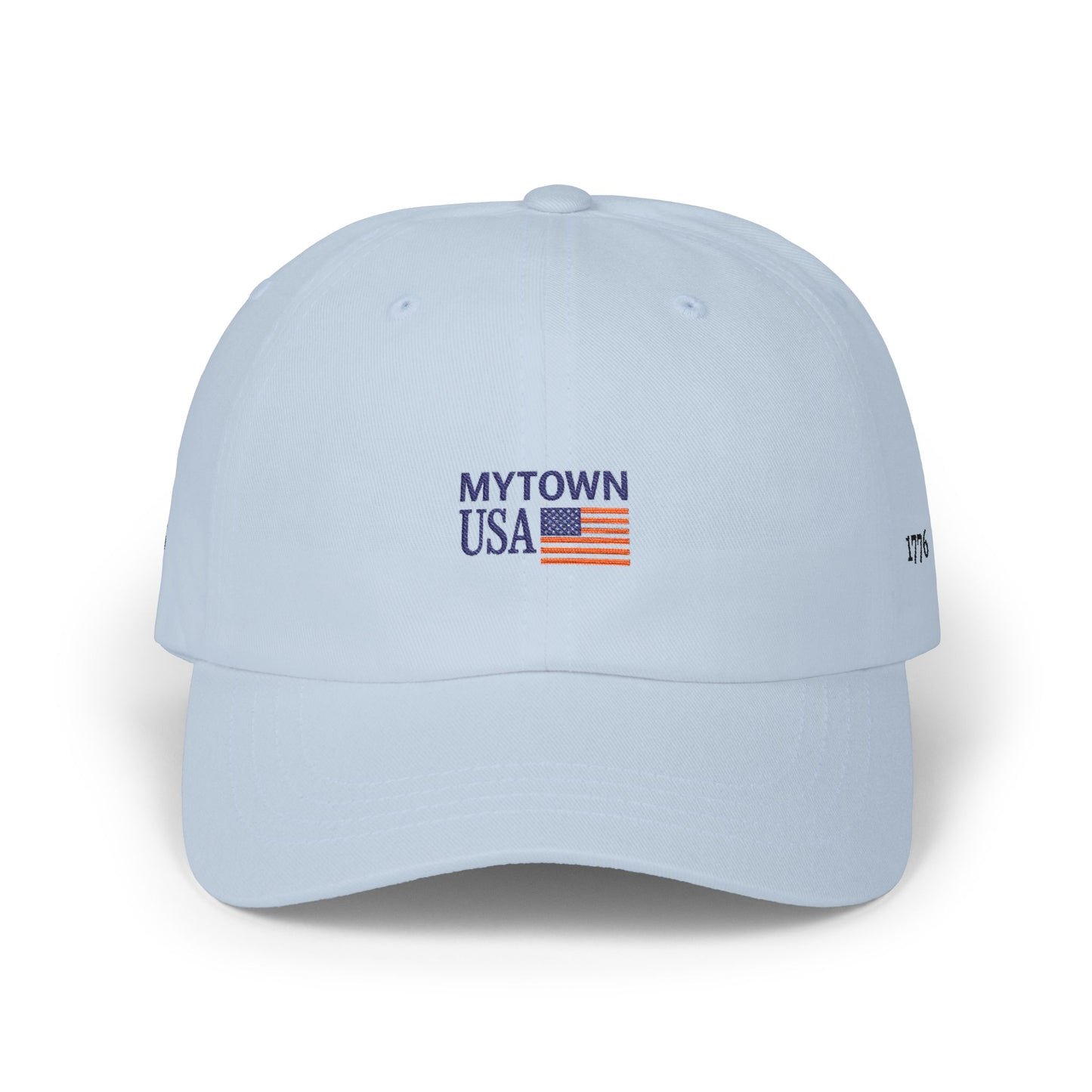 Dad Cap — 'MYTOWN USA' Embroidered American Flag Cap (Customizable Back Text)