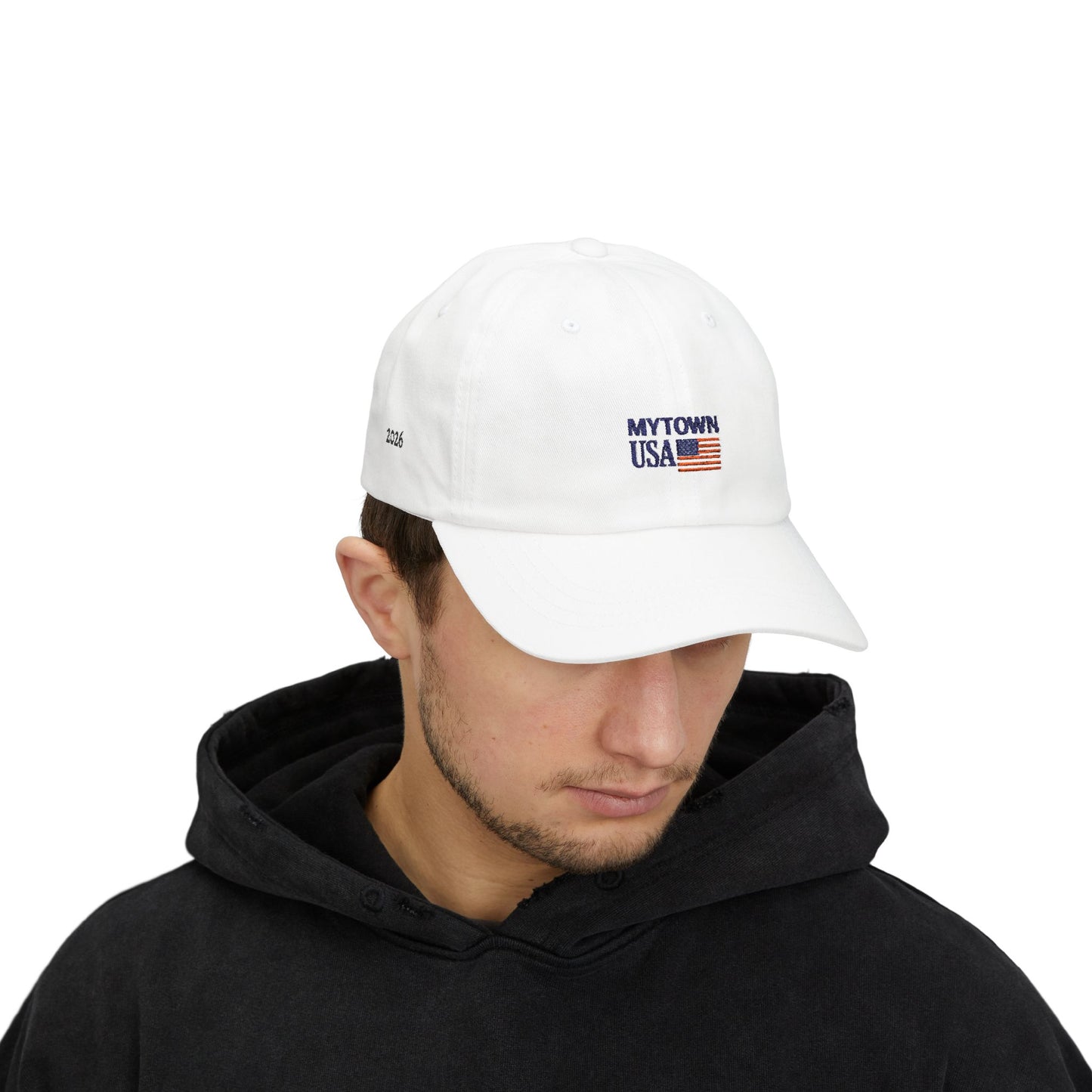 Dad Cap — 'MYTOWN USA' Embroidered American Flag Cap (Customizable Back Text)