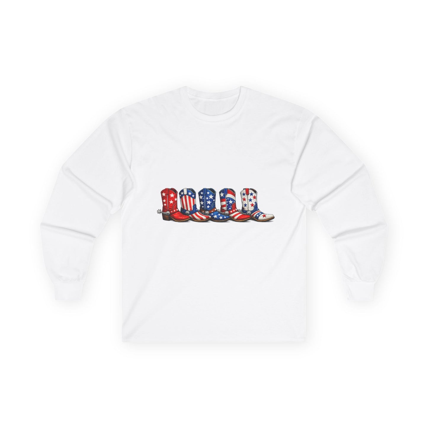 Long Sleeve Tee — Patriotic Cowboy Boots USA Graphic