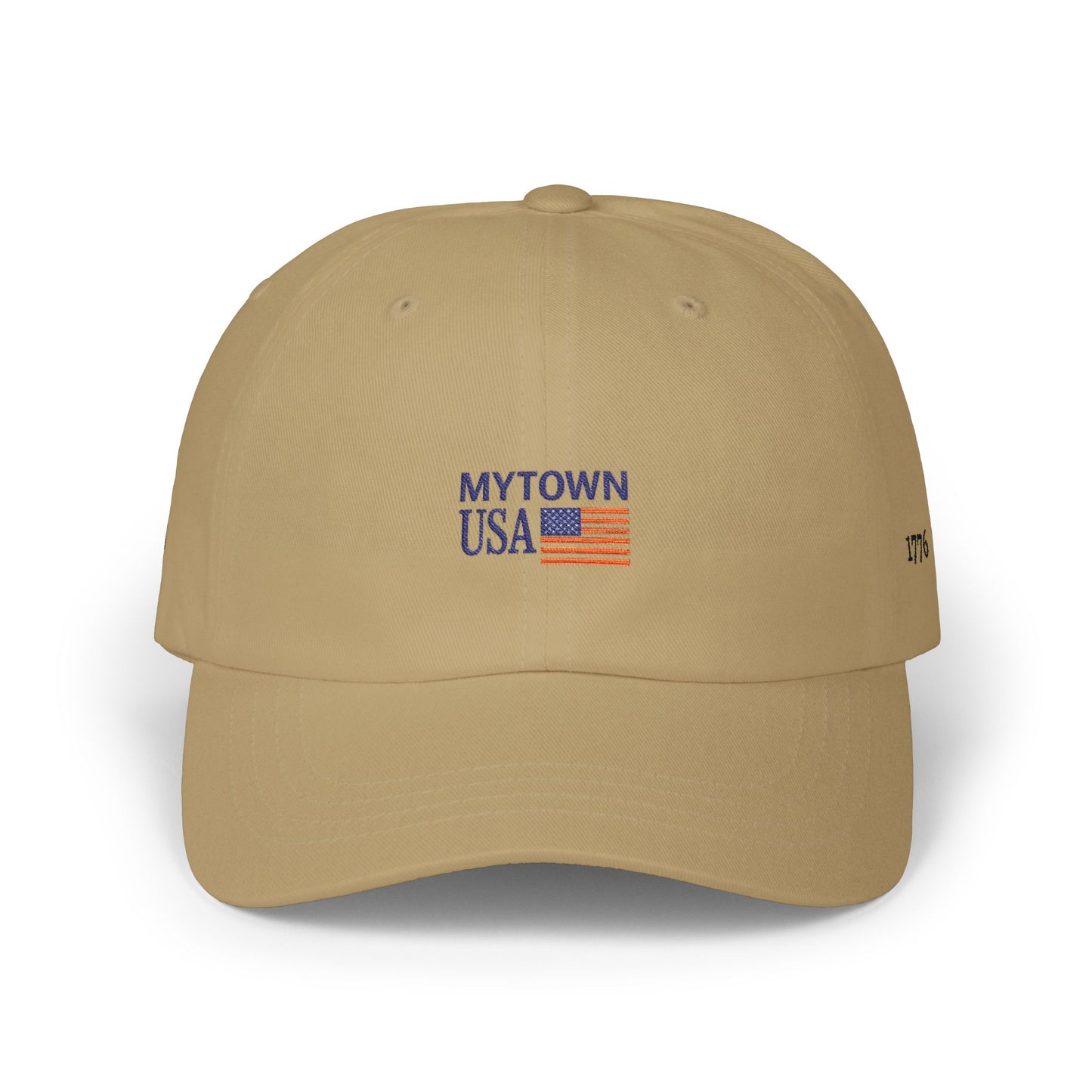 Dad Cap — 'MYTOWN USA' Embroidered American Flag Cap (Customizable Back Text)