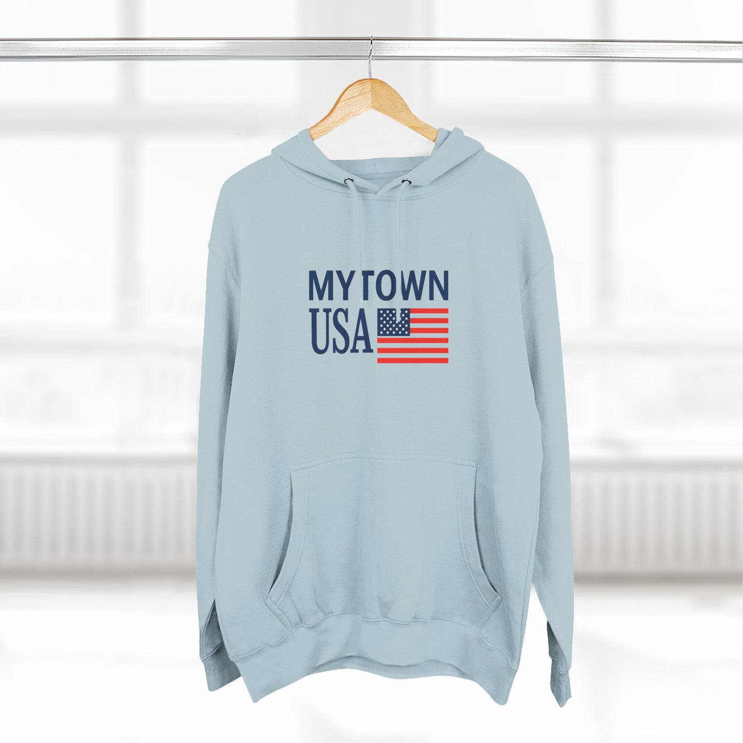 My Town USA Hoodie custom back to display your town— Patriotic American Flag Sweatshirt