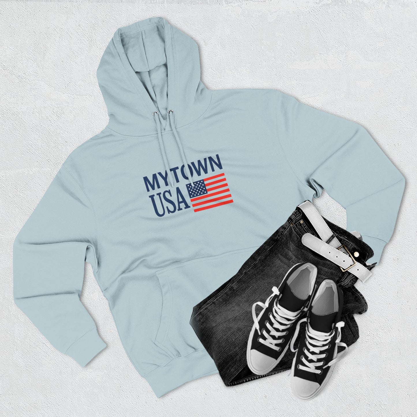 My Town USA Hoodie custom back to display your town— Patriotic American Flag Sweatshirt