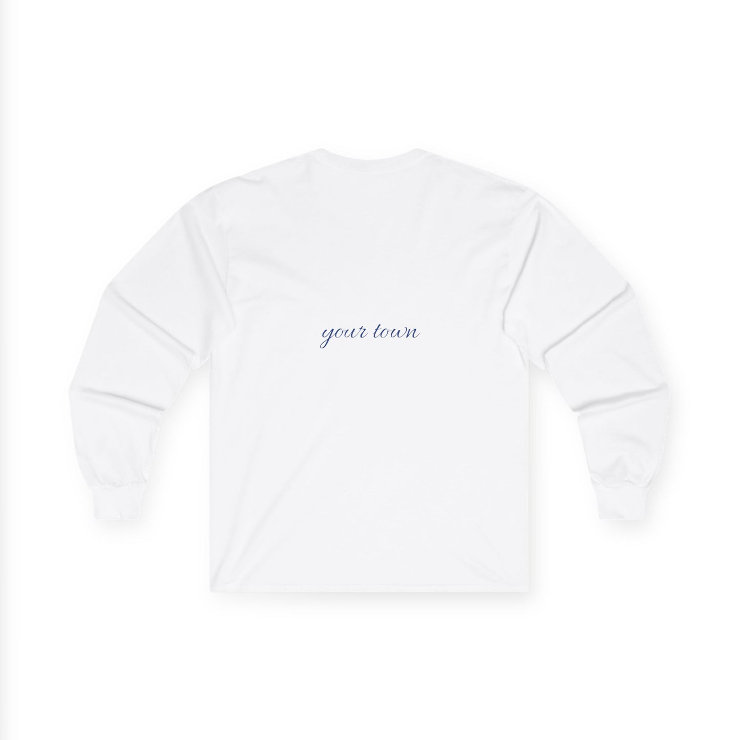 MYTOWN USA Long Sleeve Tee — Patriotic Customizable 'your town' Back Print