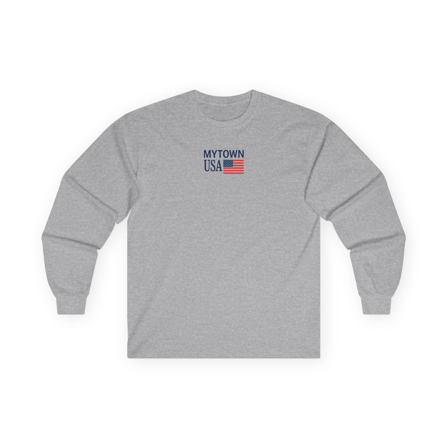 MYTOWN USA center logo custom back to display your town or city Unisex Ultra Cotton Long Sleeve Tee