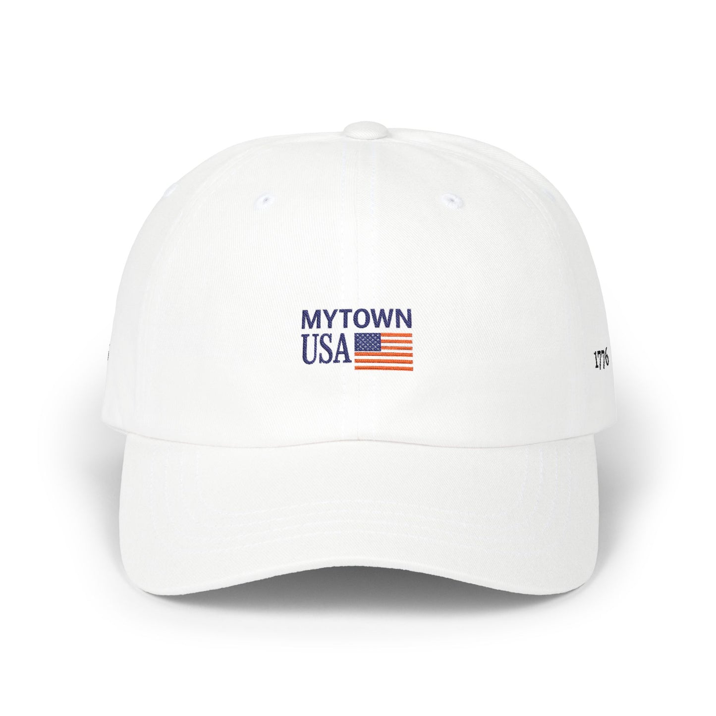 Dad Cap — 'MYTOWN USA' Embroidered American Flag Cap (Customizable Back Text)