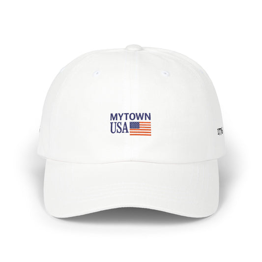 Dad Cap — 'MYTOWN USA' Embroidered American Flag Cap (Customizable Back Text)
