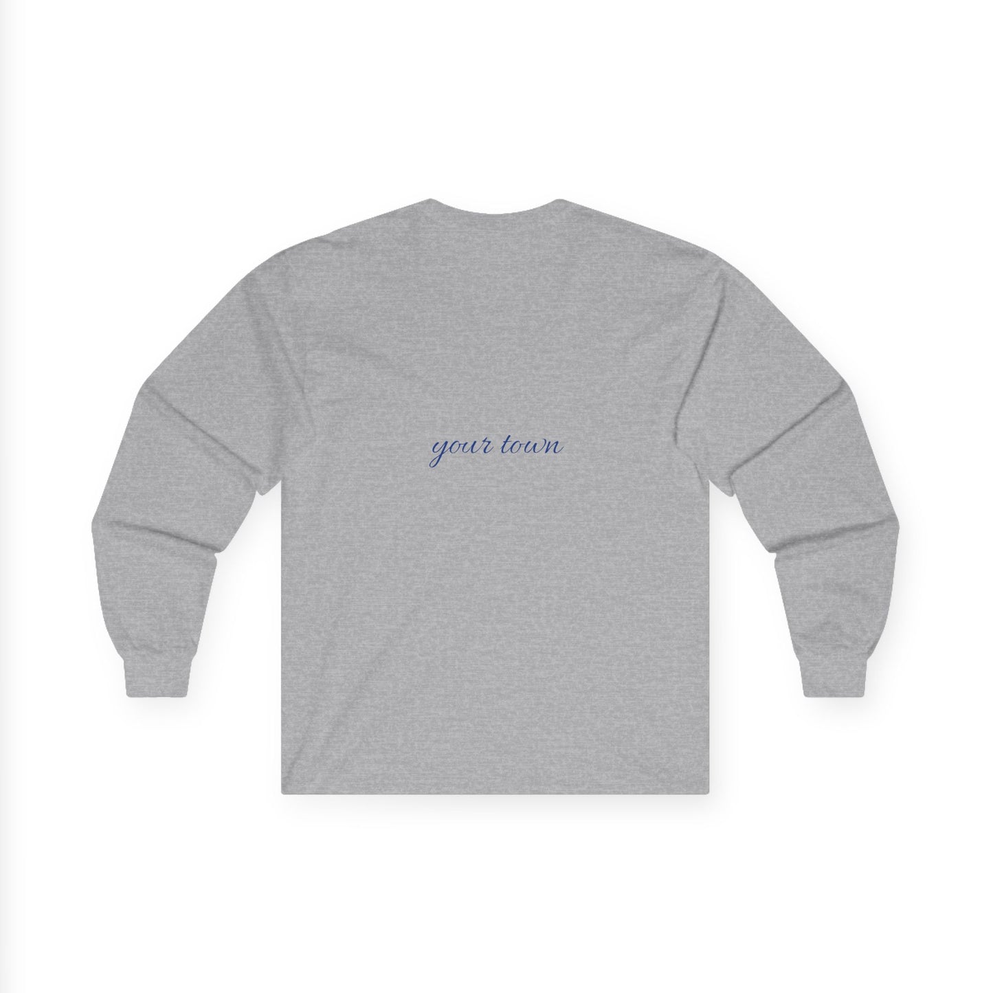 MYTOWN USA Long Sleeve Tee — Patriotic Customizable 'your town' Back Print