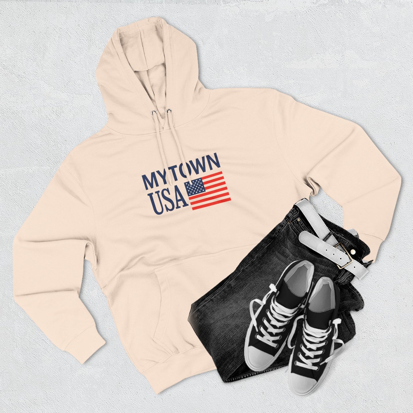 My Town USA Hoodie custom back to display your town— Patriotic American Flag Sweatshirt