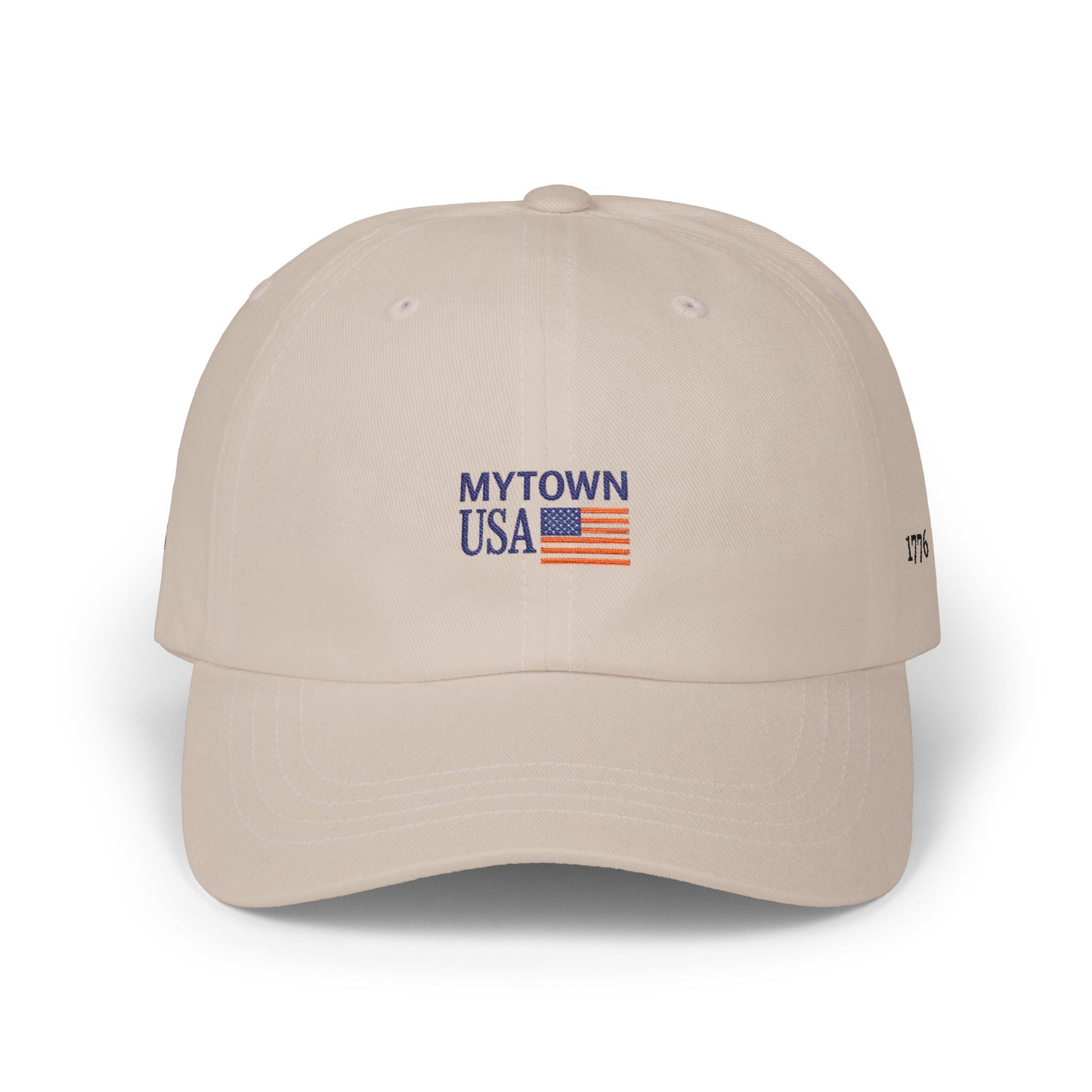Dad Cap — 'MYTOWN USA' Embroidered American Flag Cap (Customizable Back Text)