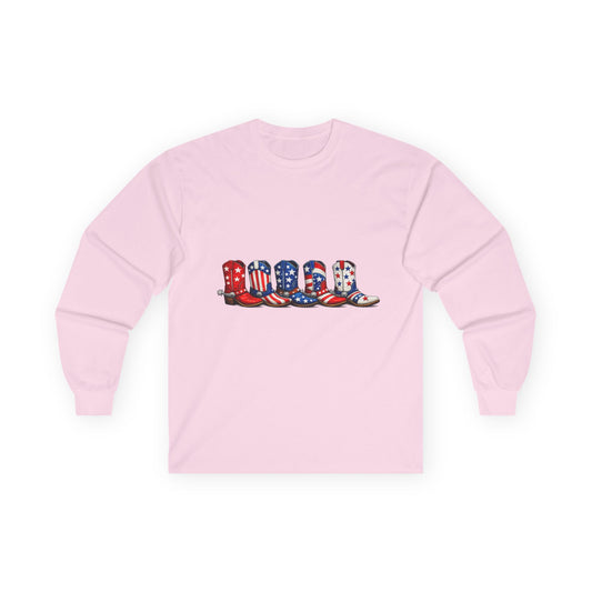 Long Sleeve Tee — Patriotic Cowboy Boots USA Graphic