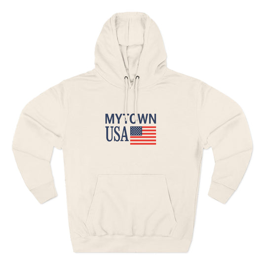 My Town USA Hoodie custom back to display your town— Patriotic American Flag Sweatshirt